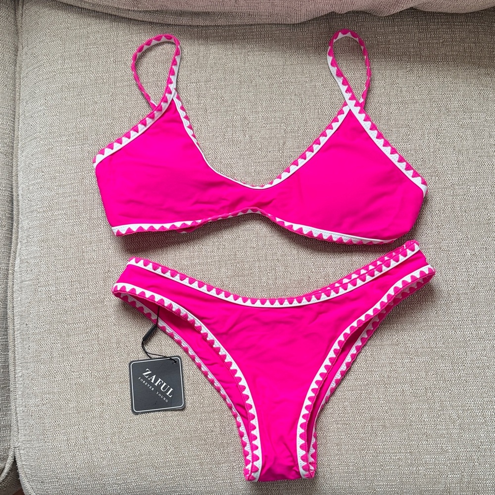 Zaful Hot Pink Bikini with White Accents